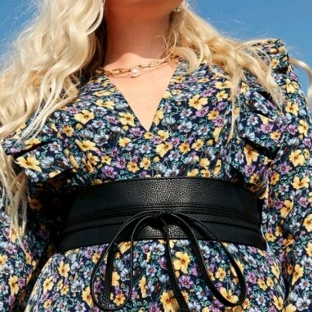 Plus Size Black vegan leather tie waist Obi belt - Picture 9 of 12